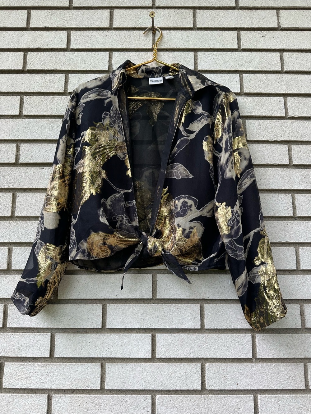 Chico’s Silk Metallic Burnout Tie Front Jacket Black Gold Floral Sz 1 M Glam